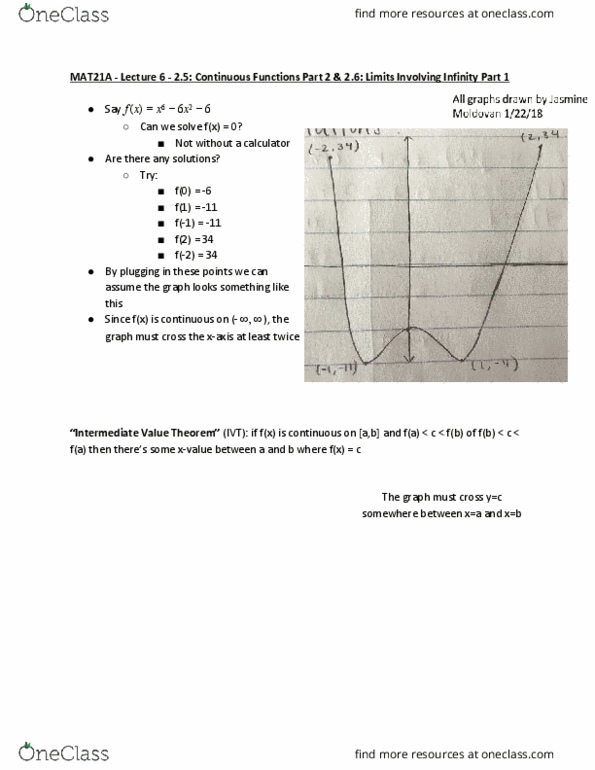 MAT 21A Lecture Notes - Lecture 6: Intermediate Value Theorem, Classification Of Discontinuities thumbnail
