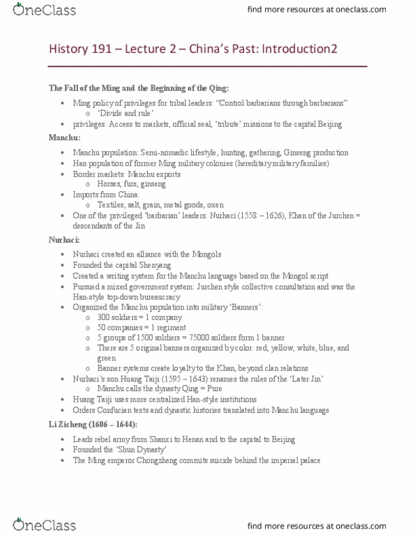 HIST 191 Lecture Notes - Lecture 2: Shunzhi Emperor, Li Zicheng, Wu Sangui thumbnail