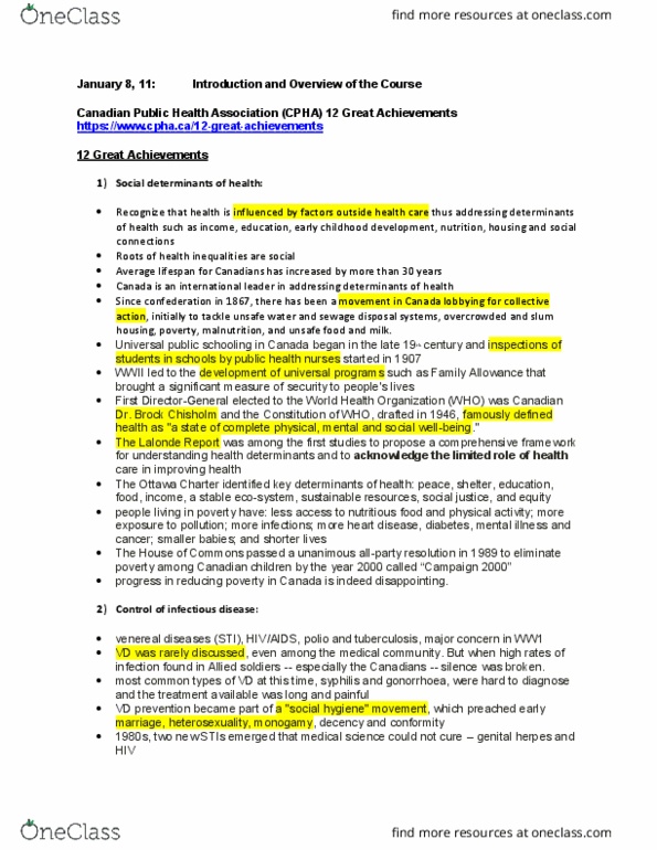 HSS 1101 Lecture Notes - Lecture 9: World Health Organization, Iron Lung, Coronary Artery Disease thumbnail