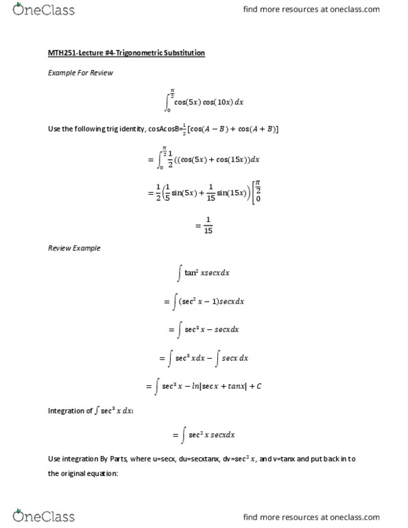 MTH 251 Lecture 4: 7.3 - Trigonometric Substitution thumbnail