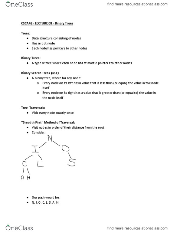 CSCA48H3 Lecture Notes - Lecture 9: Binary Tree, Tree Traversal, Data Structure thumbnail