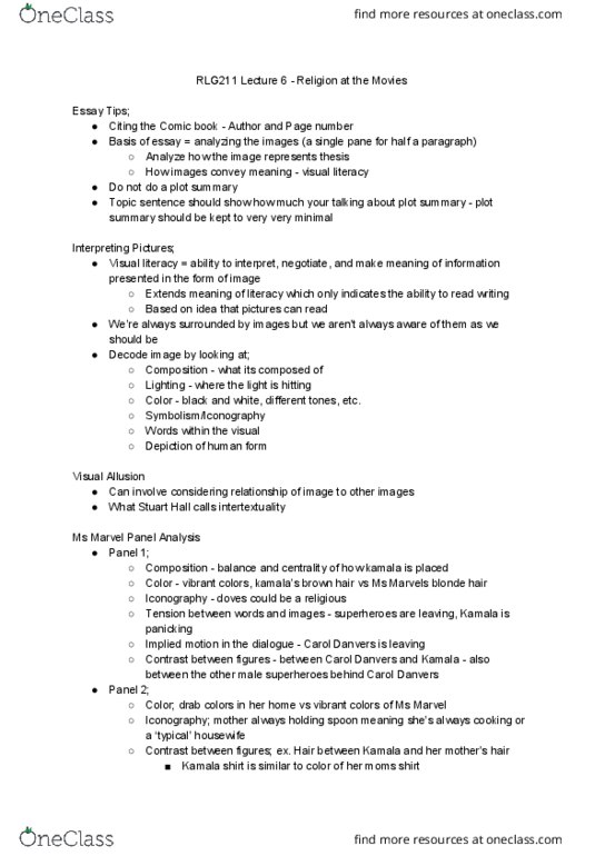 RLG211H5 Lecture Notes - Lecture 6: Visual Literacy, Topic Sentence, Intertextuality thumbnail