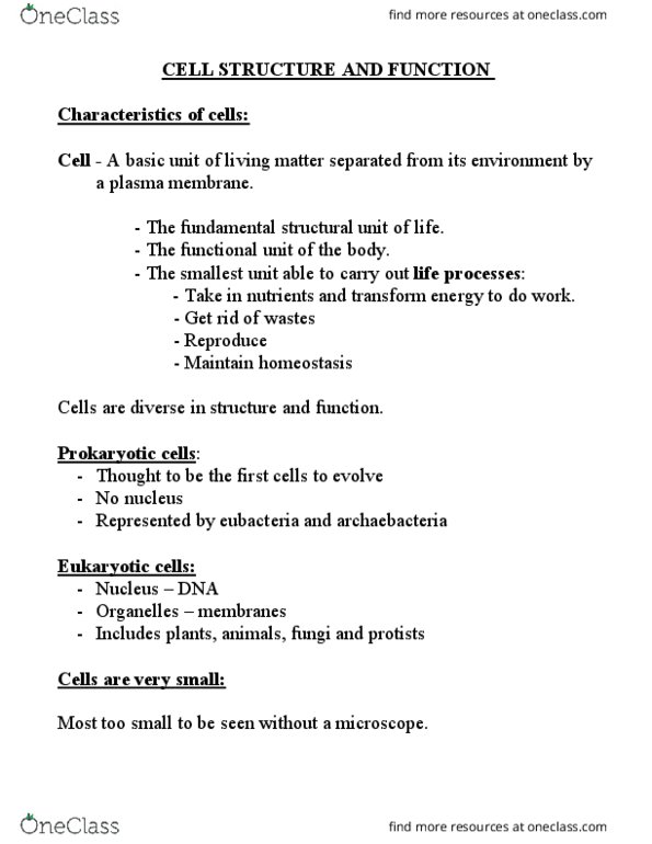 BIO 161 Lecture Notes - Lecture 3: Small Cell, Archaea, Cell Theory thumbnail