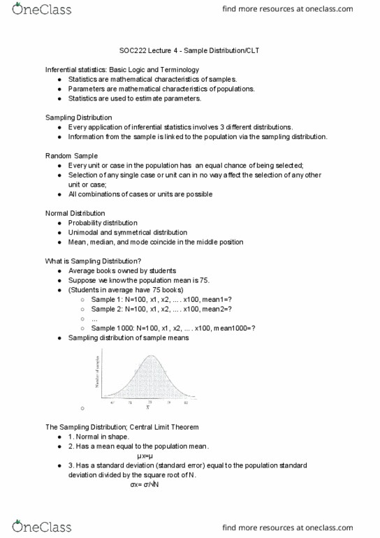 SOC222H5 Lecture Notes - Lecture 4: Central Limit Theorem, Statistical Inference, Sampling Distribution thumbnail