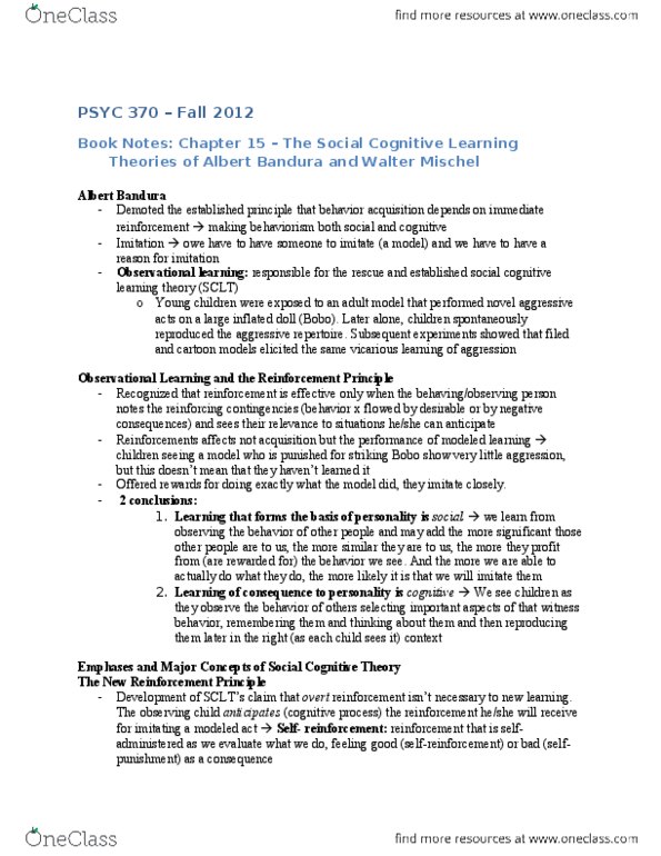 PSYC 370 Chapter Notes - Chapter 15: Social Cognitive Theory, Albert Bandura, Bandura thumbnail