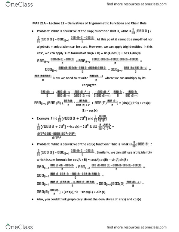 MAT 21A Lecture Notes - Lecture 12: Trigonometric Functions, Quotient Rule, Product Rule thumbnail