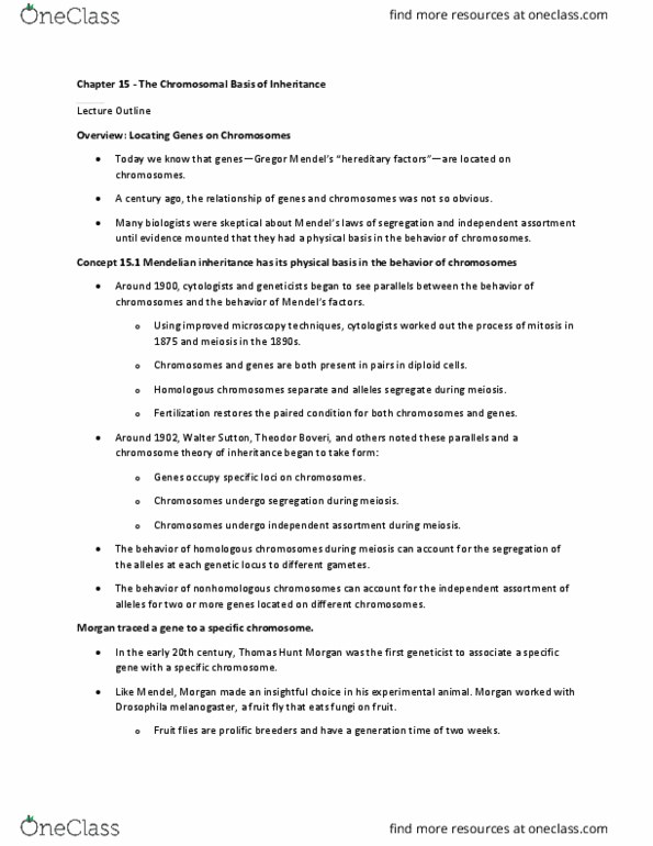 01:119:115 Lecture Notes - Lecture 15: Thomas Hunt Morgan, Homologous Chromosome, Mendelian Inheritance thumbnail