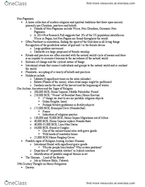 REL 110 Lecture Notes - Lecture 2: Goddess Movement, Grave Goods, Mastodon thumbnail