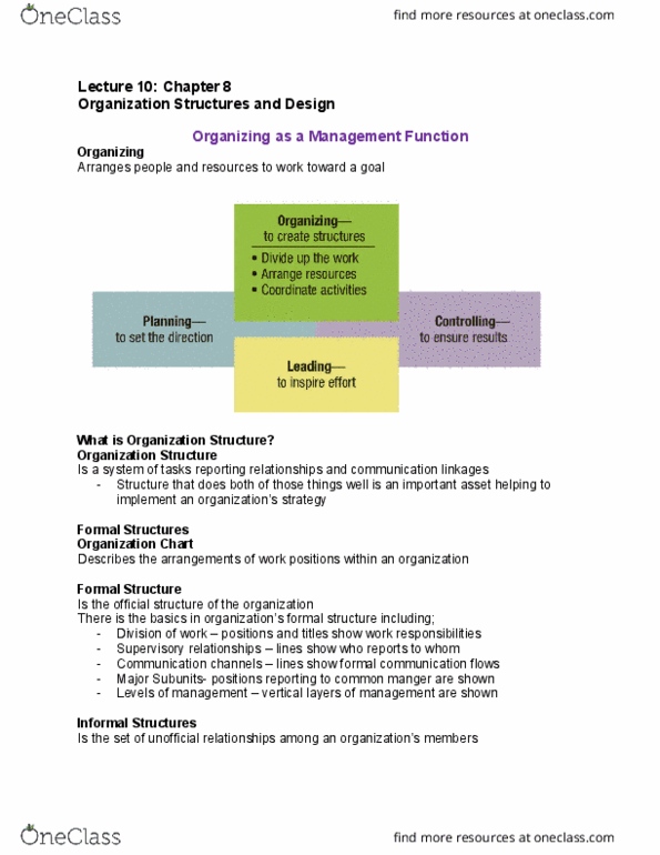 GMS 200 Chapter Notes - Chapter 8: Work Unit, Departmentalization, Strategic Management thumbnail