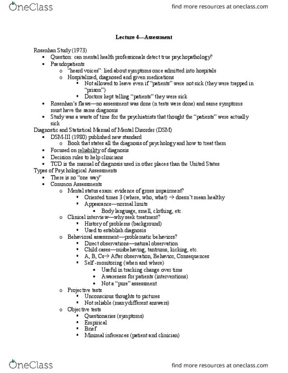 PSY 35000 Lecture Notes - Lecture 4: Mental Status Examination, Body Language, Psychopathology thumbnail