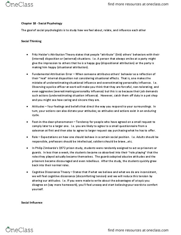 01:830:101 Lecture Notes - Lecture 18: Fundamental Attribution Error, Dispositional Attribution, Cognitive Dissonance thumbnail