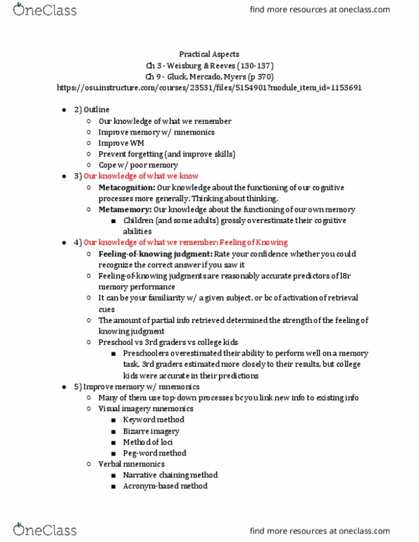 PSYCH 3312 Lecture Notes - Lecture 12: Mnemonic, Metamemory, Metacognition thumbnail