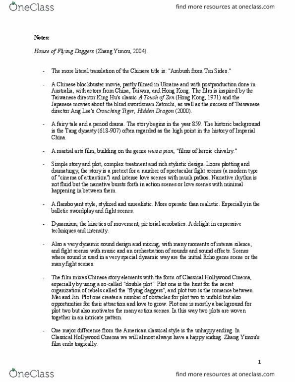 FILM 1101 Lecture Notes - Lecture 1: Zhang Yimou, Classical Hollywood Cinema, Flying Daggers thumbnail
