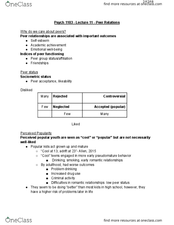 PSYC 1103 Lecture Notes - Lecture 11: Sociometric Status, Peer Group, Psych thumbnail