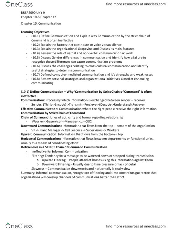 BUS 2090 Lecture Notes - Lecture 9: Nonverbal Communication, Communication Problems, Work Unit thumbnail