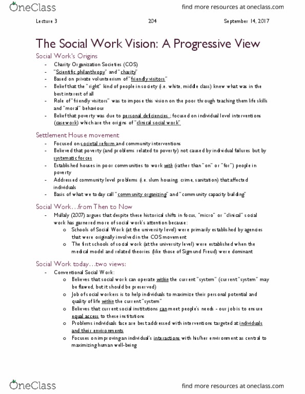 SWRK 2040 Lecture Notes - Lecture 3: Social Work, Charity Organization Society, Settlement Movement thumbnail