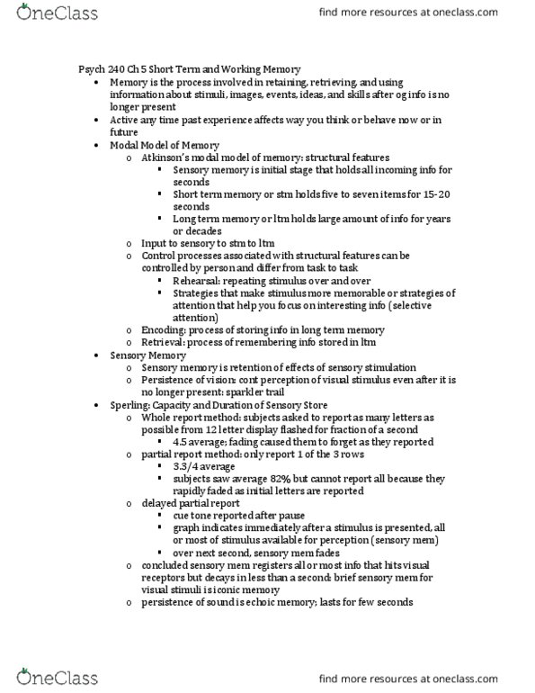 PSYCH 240 Lecture Notes - Lecture 5: Short-Term Memory, Echoic Memory, Long-Term Memory thumbnail