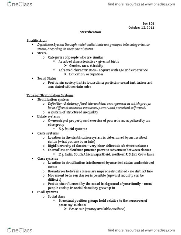 SOC 101 Lecture Notes - Jim Crow Laws, Ascribed Status, Social Inequality thumbnail