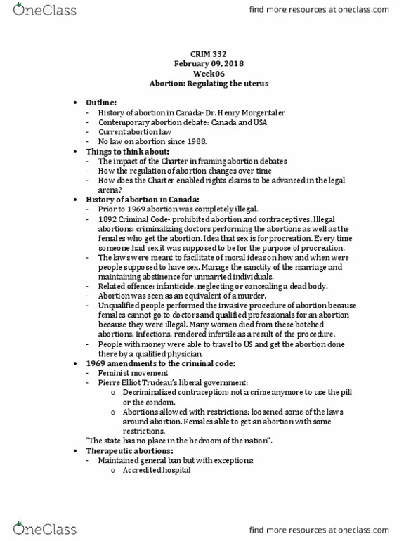 CRIM 332 Lecture Notes - Lecture 5: Therapeutic Abortion Committee, Henry Morgentaler, Therapeutic Abortion thumbnail