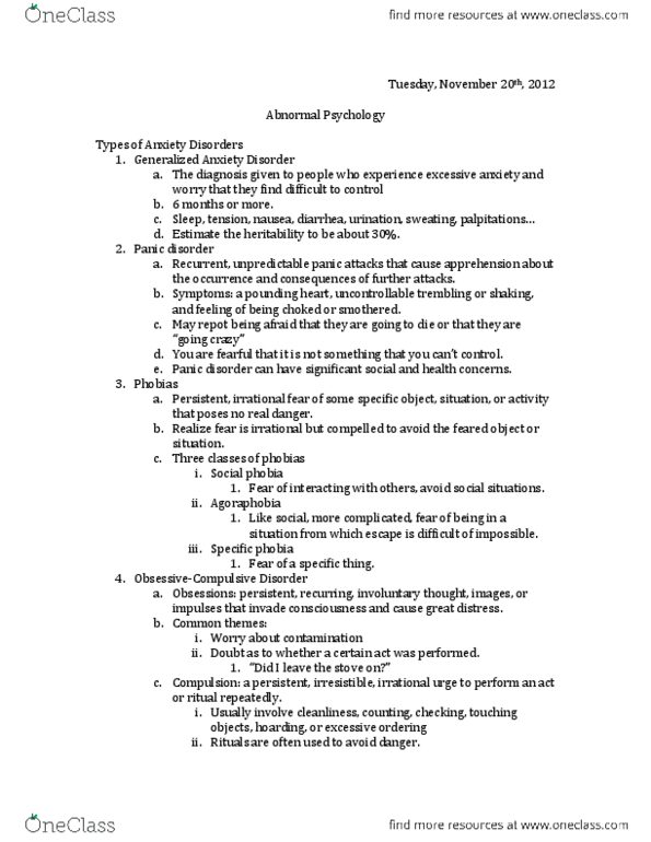 PS101 Lecture Notes - Generalized Anxiety Disorder, Panic Disorder, Somatization Disorder thumbnail