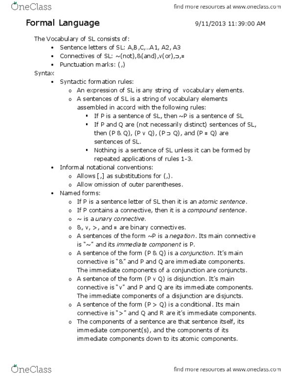 Philosophy 2250 Lecture Notes - Atomic Sentence, Sentence Clause Structure, Formal Language thumbnail