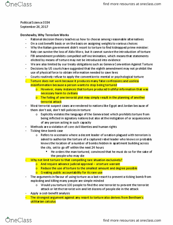 Political Science 3334E Chapter Notes - Chapter Dershowitz&Luban: United Nations Convention Against Torture, Aldo Moro, The Strongest thumbnail