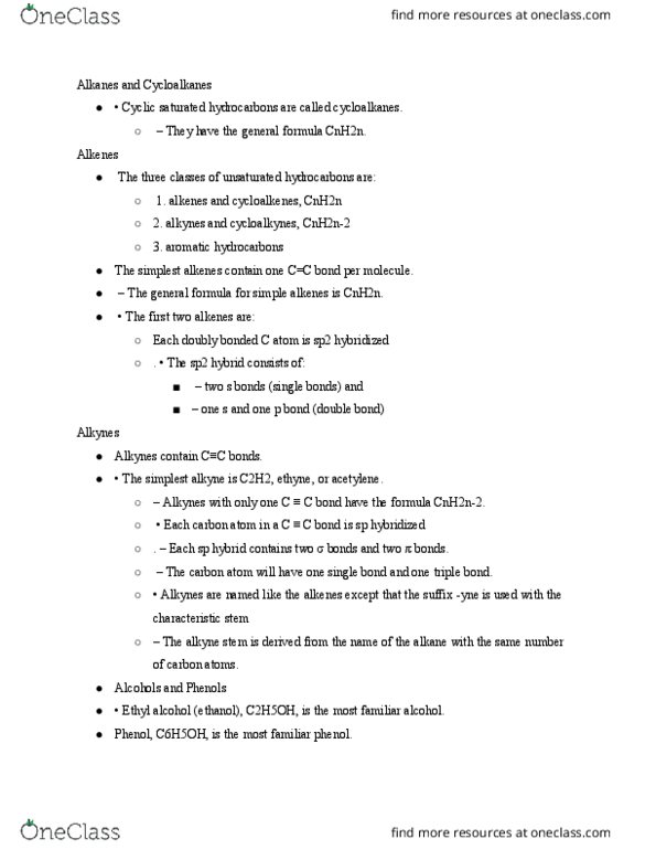 CHEM 134 Lecture Notes - Lecture 19: Ethanol, Alkyne, Phenol thumbnail