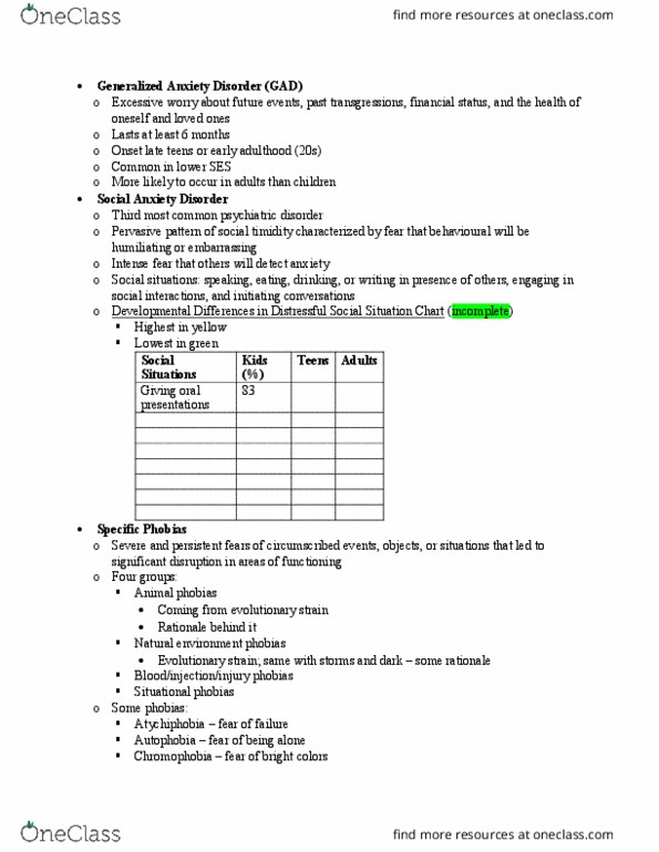 PSY 222 Lecture Notes - Lecture 27: Social Anxiety Disorder, Generalized Anxiety Disorder, Autophobia thumbnail