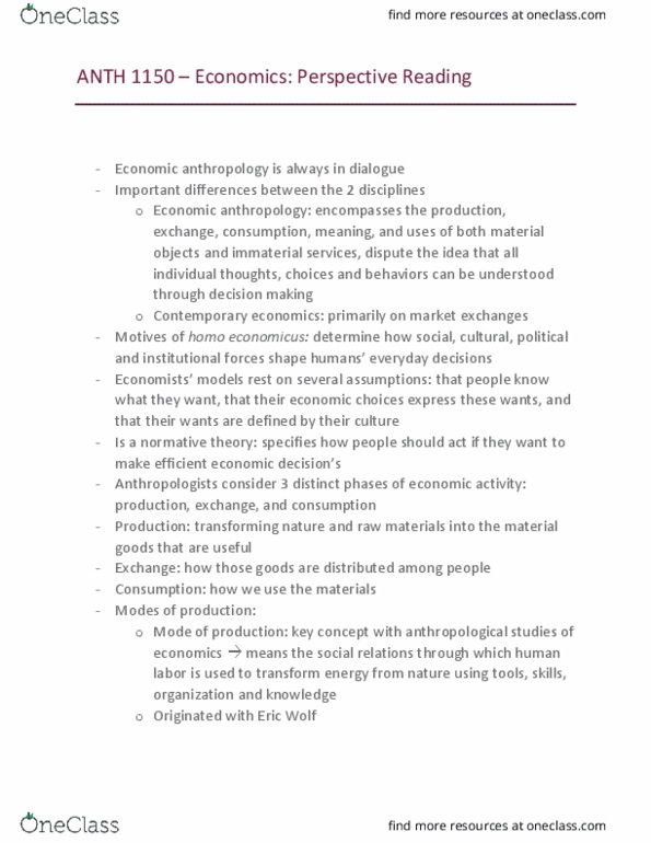 ANTH 1150 Chapter Notes - Chapter Economics: Homo Economicus, Eric Wolf, Economic Anthropology thumbnail
