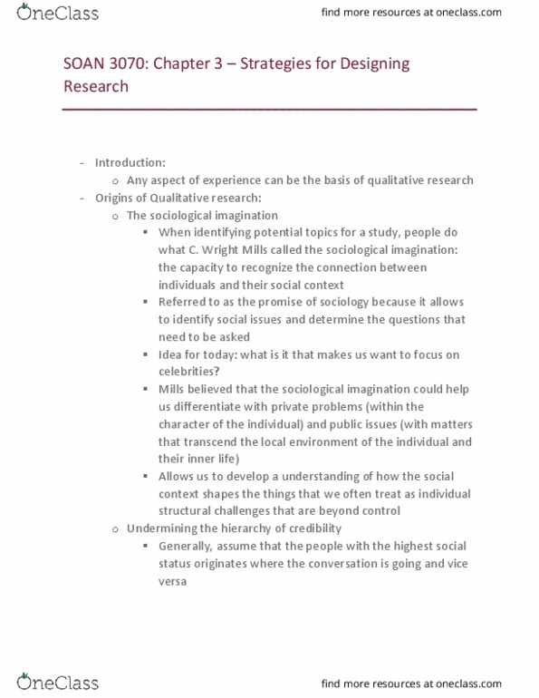 SOAN 3070 Chapter Notes - Chapter 3: The Sociological Imagination thumbnail