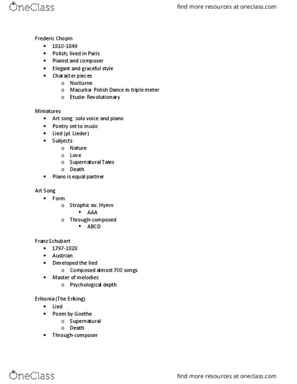 MUS 200 Lecture Notes - Lecture 12: Clara Schumann, Robert Schumann, Erlking thumbnail