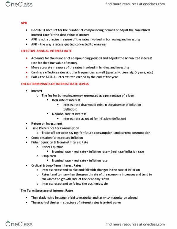 FIN 302 Lecture Notes - Lecture 6: Fisher Equation, Yield Curve, Interest Rate thumbnail