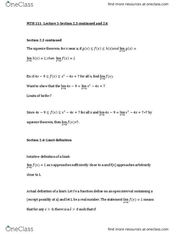 MTH 151 Lecture Notes - Lecture 5: Squeeze Theorem thumbnail