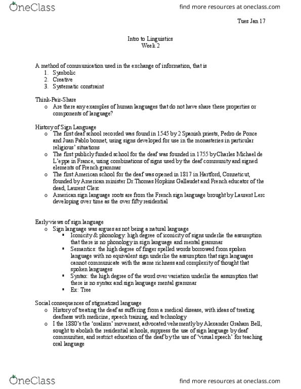 LINGUIST 1A03 Lecture Notes - Lecture 2: French Sign Language, American Sign Language, Deaf School thumbnail