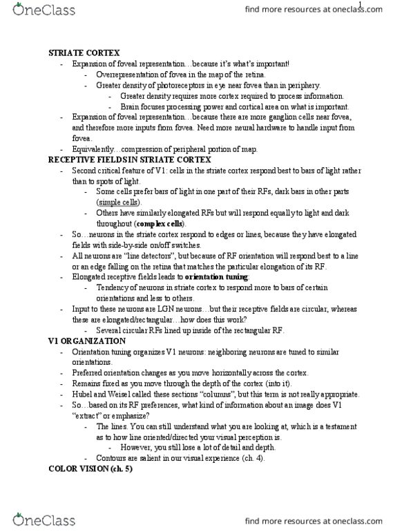 PSYC2274 Lecture Notes - Lecture 9: Color Vision, David H. Hubel, Retina thumbnail