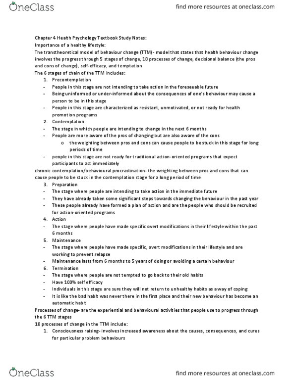 PSY 605 Chapter Notes - Chapter 4: Health Promotion, Transtheoretical Model, Decisional Balance Sheet thumbnail