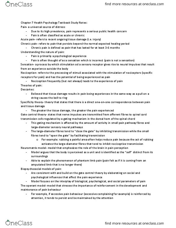 PSY 605 Chapter Notes - Chapter 7: Phantom Limb, Nociception, Posterior Grey Column thumbnail