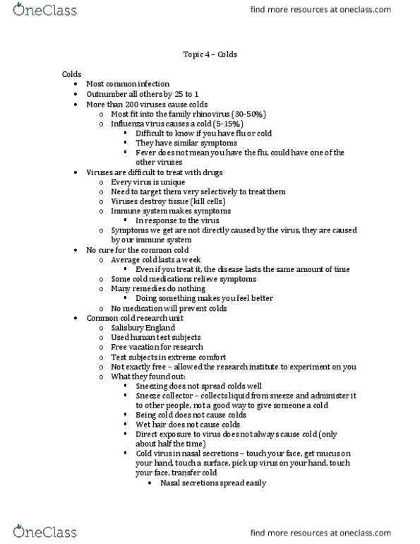 BPS 1101 Lecture Notes - Lecture 4: Orthomyxoviridae, Common Cold, Rhinovirus thumbnail