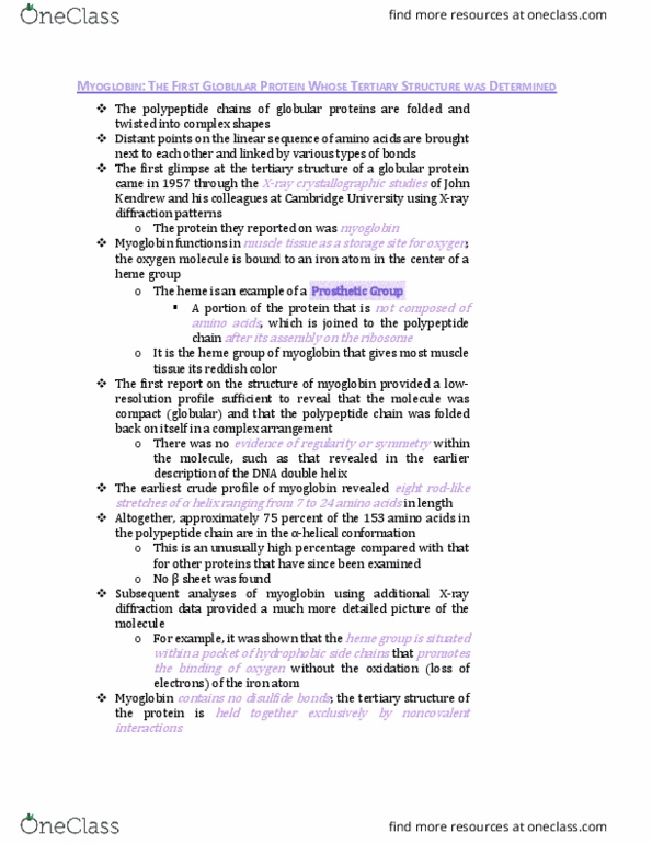 BIO130H1 Chapter Notes - Chapter 2: Globular Protein, Myoglobin, Peptide thumbnail