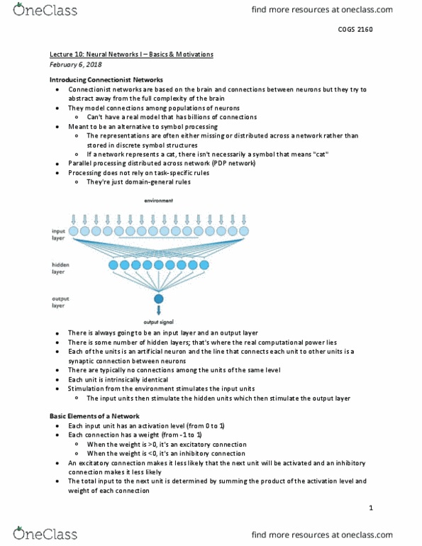 COGS 2160 Lecture Notes - Lecture 10: Artificial Neuron, Connectionism, Parallel Computing thumbnail