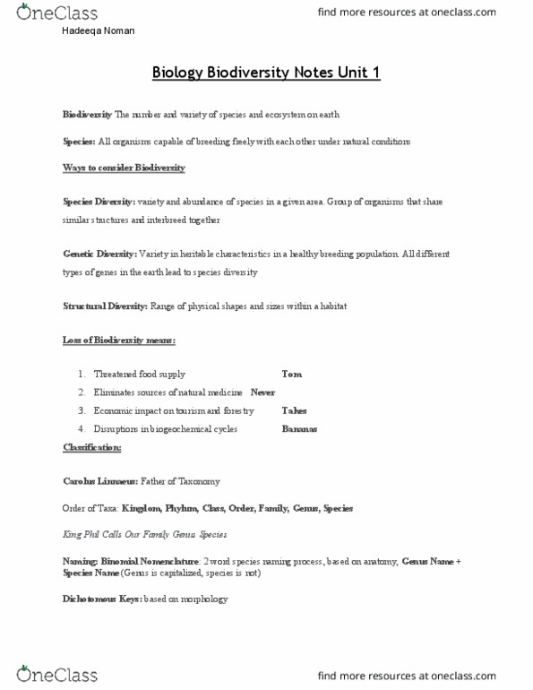 BIOLOGY 1A03 Lecture Notes - Lecture 11: Carl Linnaeus, Binomial Nomenclature, Sensory System thumbnail