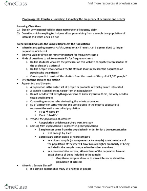 PSYCH 303 Chapter Notes - Chapter 7: Sampling Bias, External Validity, Internal Validity thumbnail