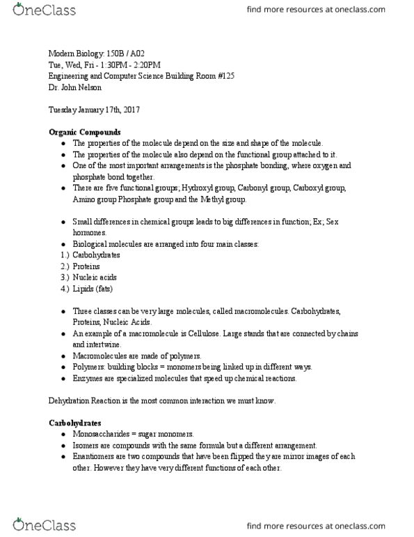 BIOL 150B Lecture Notes - Lecture 2: Carbonyl Group, Hydroxy Group, Methyl Group thumbnail