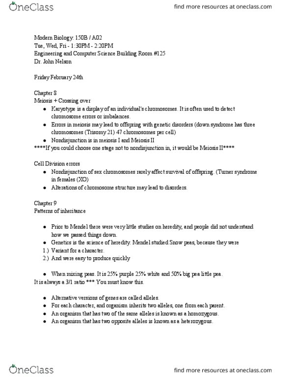 BIOL 150B Lecture Notes - Lecture 12: Down Syndrome, Nondisjunction, Meiosis thumbnail