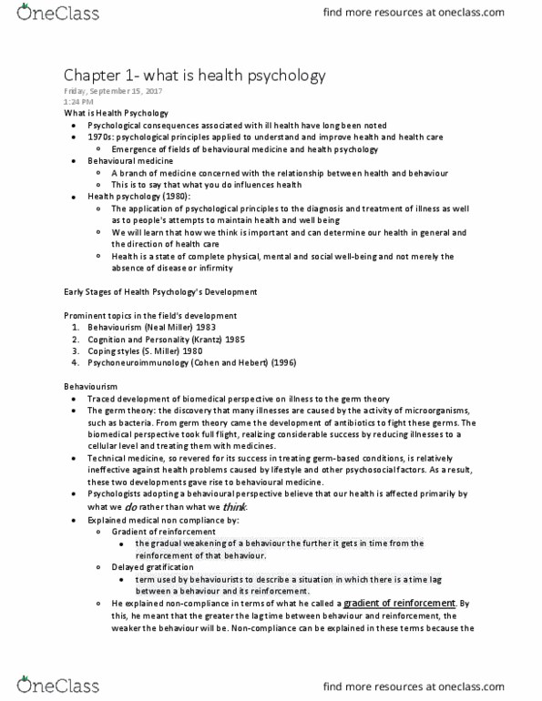 Psychology 2036A/B Lecture Notes - Lecture 1: Neal E. Miller, Germ Theory Of Disease, Delayed Gratification thumbnail