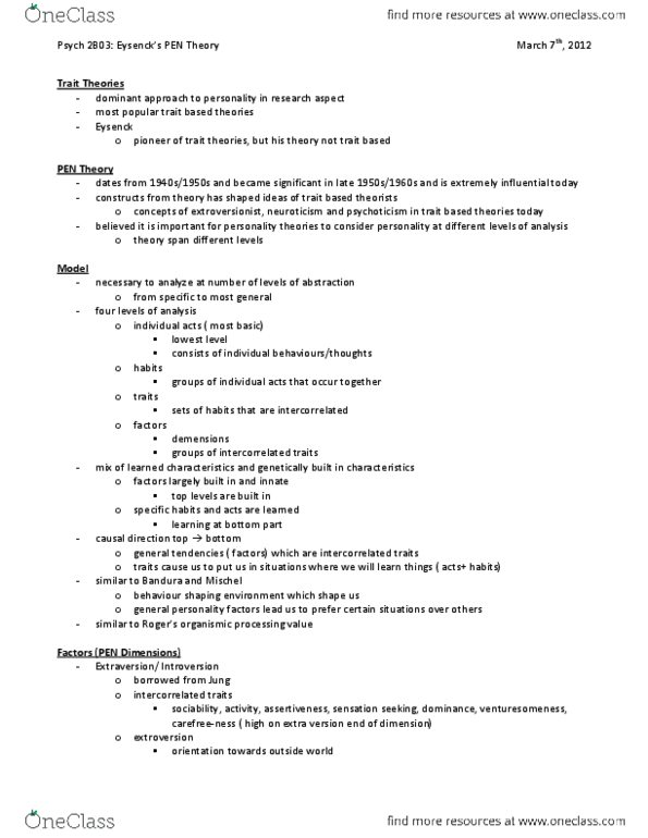 PSYCH 2B03 Lecture Notes - Reticular Formation, Psychoticism, Trait Theory thumbnail