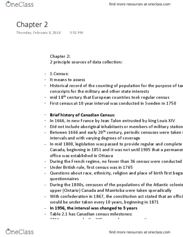 SOC312H1 Chapter Notes - Chapter 2: Jean Talon, Census In Canada, Vital Record thumbnail