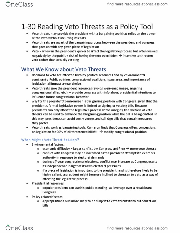 POLSCI 389 Chapter 8: 1-30 Reading Veto Threats as a Policy Tool thumbnail