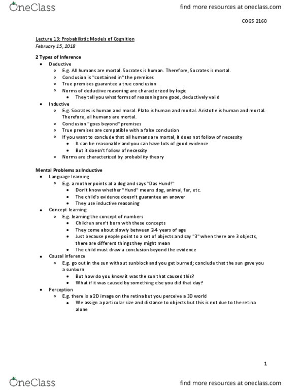 COGS 2160 Lecture Notes - Lecture 13: Inductive Reasoning, Causal Inference, Concept Learning thumbnail