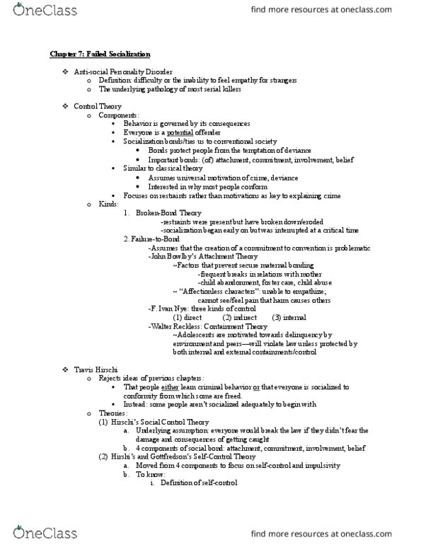 CJ 220 Lecture Notes - Lecture 2: Travis Hirschi, Social Control Theory, Antisocial Personality Disorder thumbnail